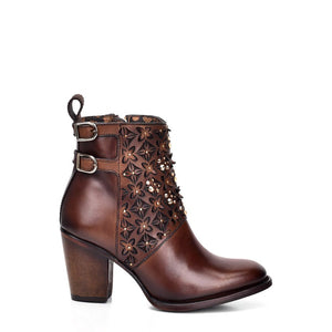 Cuadra Perforated brown leather bootie with Austrian crystals