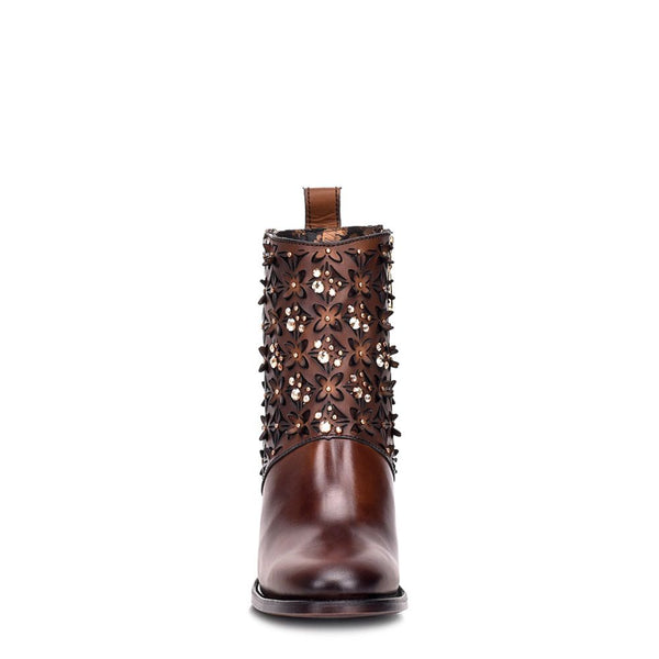 Cuadra Perforated brown leather bootie with Austrian crystals