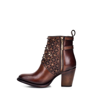 Cuadra Perforated brown leather bootie with Austrian crystals