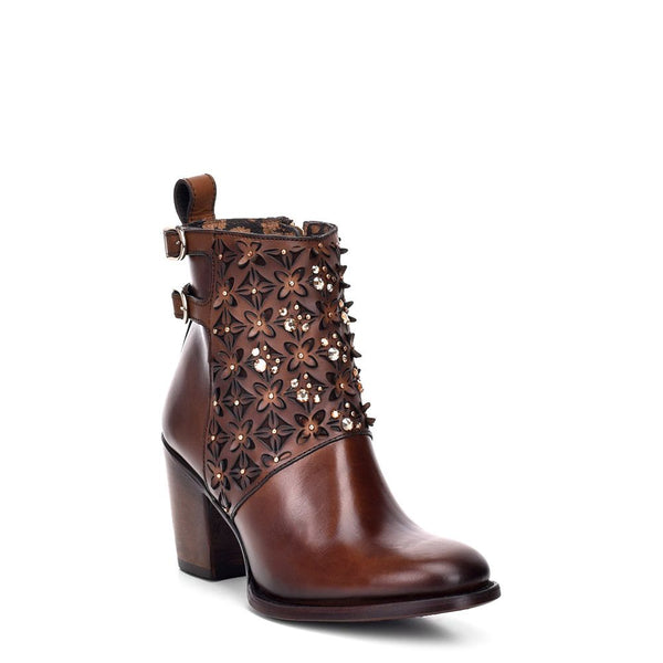 Cuadra Perforated brown leather bootie with Austrian crystals